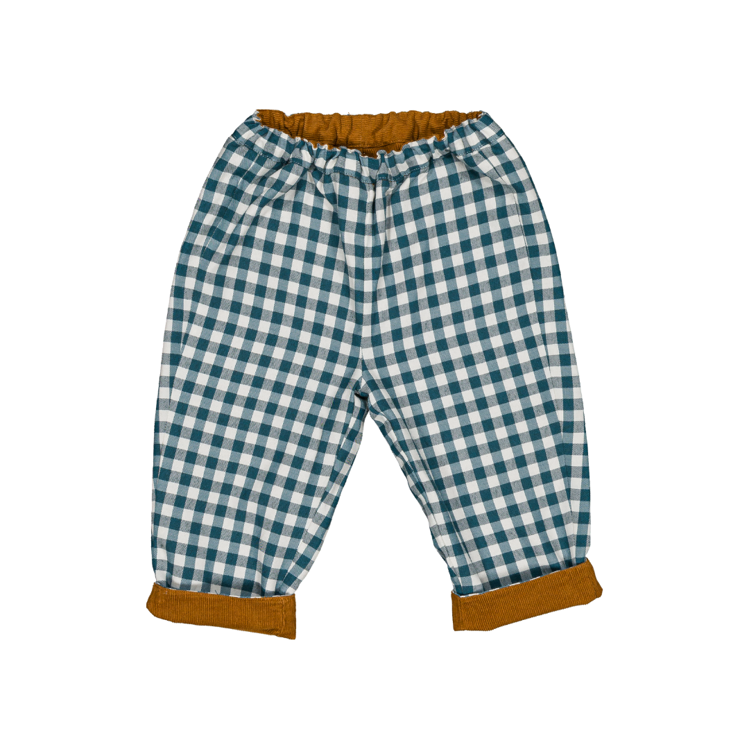 Pantalon NINI - Vichy Bleu Canard et Velours Côtelé Caramel