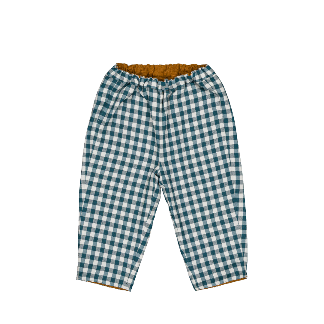 Pantalon NINI - Vichy Bleu Canard et Velours Côtelé Caramel