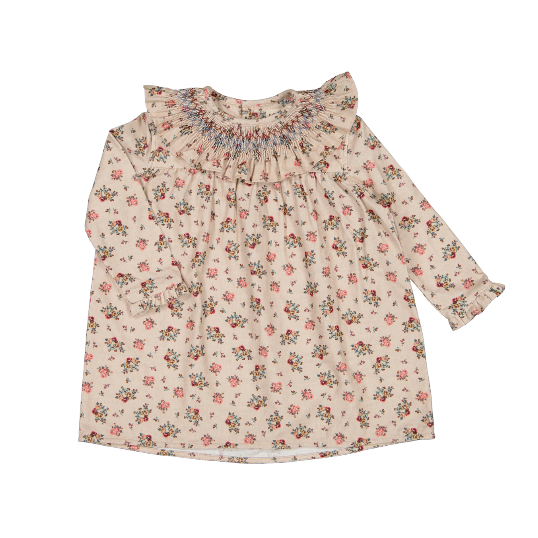 Robe Sibylle - smockée - Velours fleurs roses